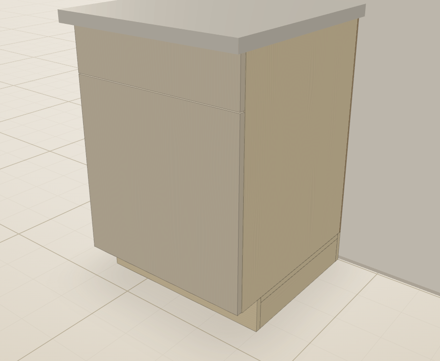 A single 24-inch base cabinet in 3D with a drawer over a door and a countertop