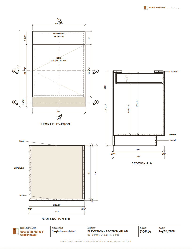 The dimensioned cabinet sheet from the base cabinet packet: front and side elevations with part callouts and running dimensions
