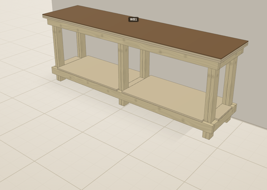 A wide 2x4 workbench in the 3D viewport with a mid-span support post pair, lower shelf, and a clamping lip on the front and both ends