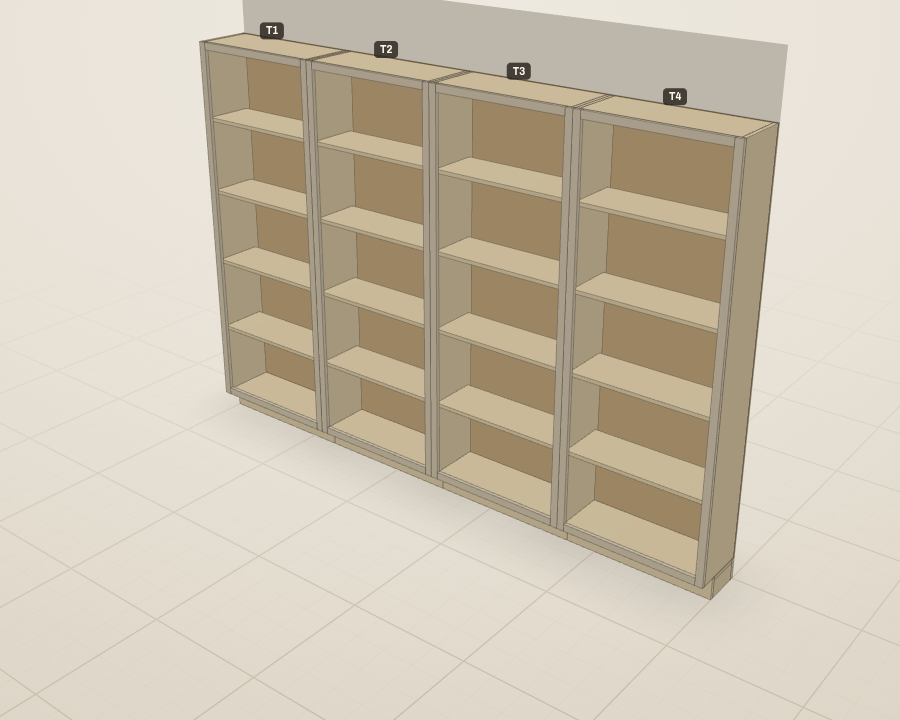 Four built-in bookcases in a row in 3D, labeled T1 to T4, each a stack of five open bays with face trim
