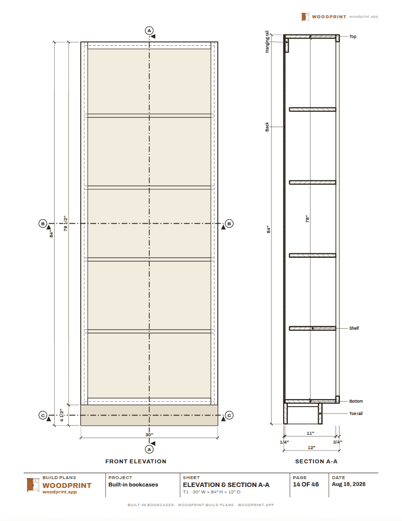 A dimensioned cabinet sheet from the bookcase packet: front and side elevations of one case with part callouts and running dimensions