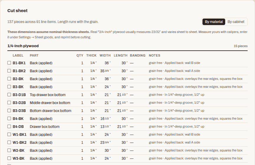 The cut sheet table in the app, grouped by material, with fraction dimensions per part