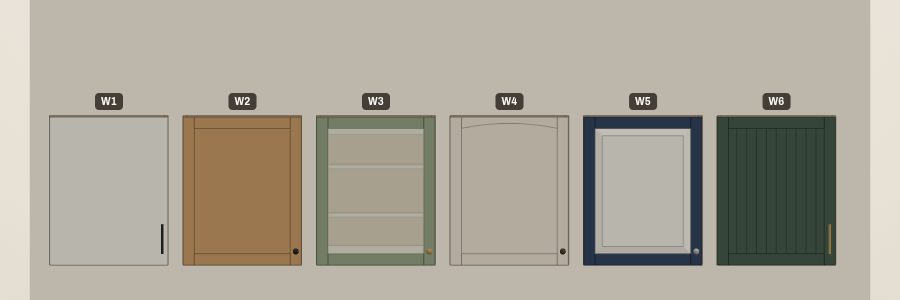 Six wall cabinets in a row, each the same size with a different door: alabaster slab with a black bar pull, oak shaker with a knob, sage frosted-glass, linen eyebrow arch, navy frame with an alabaster raised panel, forest-green beadboard with a brass pull