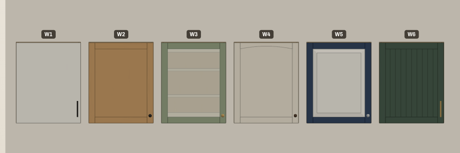 Six wall cabinets in a row, each the same size with a different door: alabaster slab with a black bar pull, oak shaker with a knob, sage frosted-glass, linen eyebrow arch, navy frame with an alabaster raised panel, forest-green beadboard with a brass pull