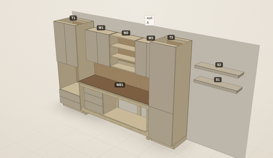 3D view of a garage workshop: a 2-by-4 workbench with tool drawers between two storage towers, wall cabinets with open shelving, and floating gear shelves