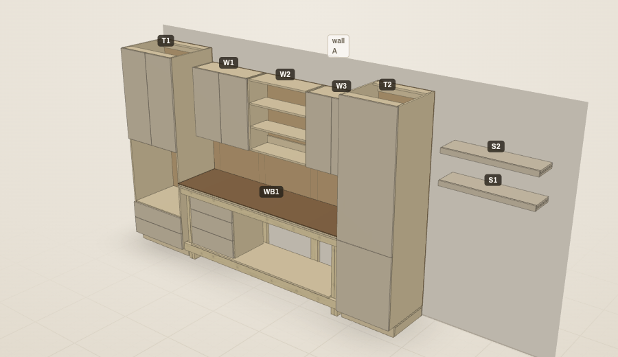 3D view of a garage workshop: a 2-by-4 workbench with tool drawers between two storage towers, wall cabinets with open shelving, and floating gear shelves