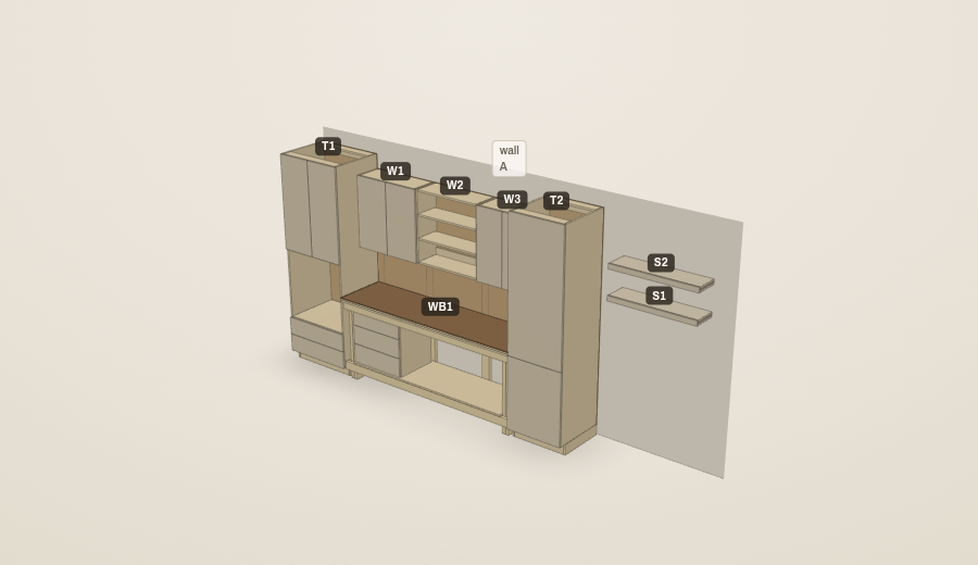 3D view of a garage workshop: a 2-by-4 workbench with tool drawers between two storage towers, wall cabinets with open shelving, and floating gear shelves