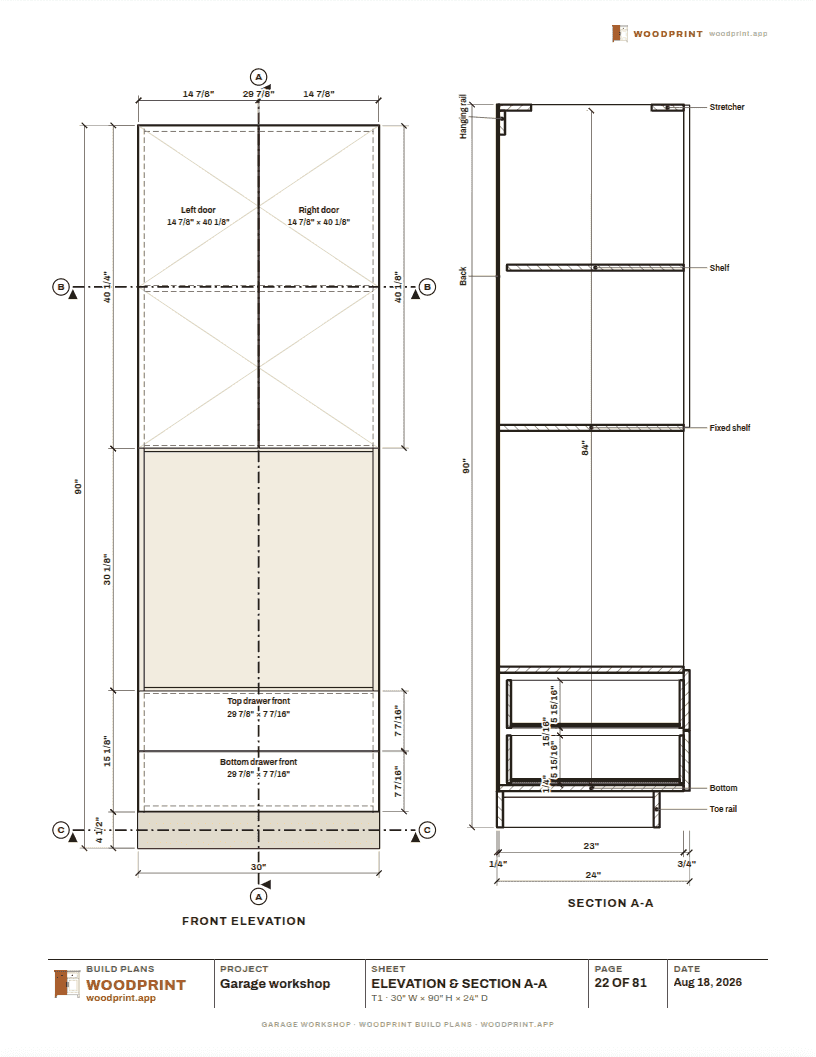 A dimensioned cabinet sheet from the workbench packet: front and side elevations with part callouts and running dimensions