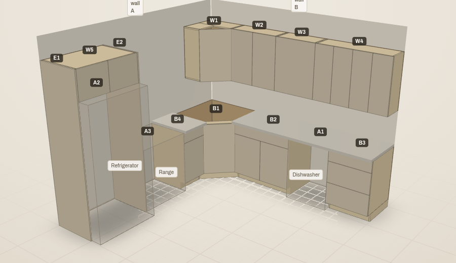 Labeled 3D view of an L-shaped ten-by-ten kitchen: wall cabinets W1–W5, base cabinets, tall pantry units, and appliance openings for a refrigerator, range, and dishwasher