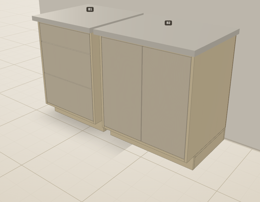 A three-drawer base and a two-door base with inset fronts: every door and drawer front flush with the cabinet face, with an even reveal all around