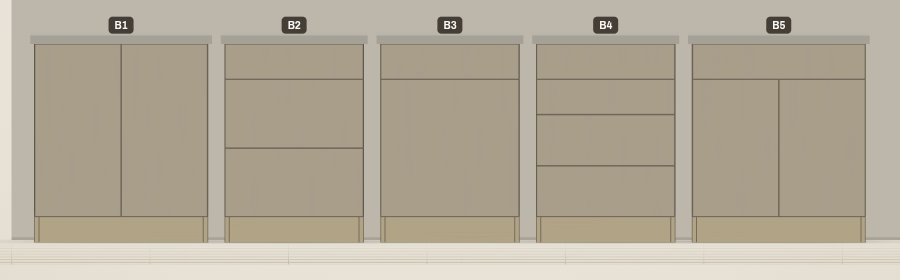 Five base cabinets in a row with different interiors: double doors, a three-drawer stack, drawer-over-door, a four-drawer stack, and a sink base with a false front