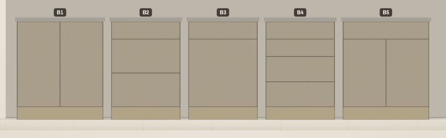 Five base cabinets in a row with different interiors: double doors, a three-drawer stack, drawer-over-door, a four-drawer stack, and a sink base with a false front