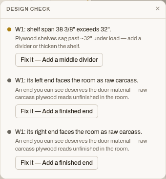 A design check card: W1 shelf span 38 3/8 inches exceeds 32, with the explanation and a Fix it button that adds a middle divider