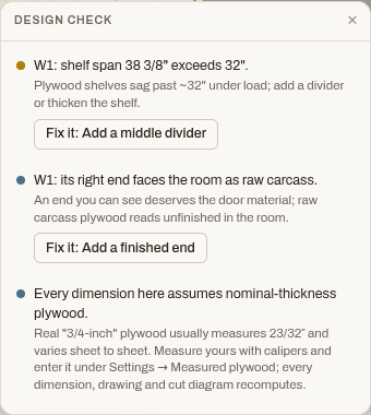 A design check card: W1 shelf span 38 3/8 inches exceeds 32, with the explanation and a Fix it button that adds a middle divider