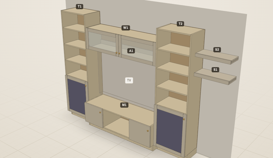 3D view of a 12-foot media wall: two shelf towers, a console below an open TV opening, a frosted-glass bridge cabinet above it, and floating shelves