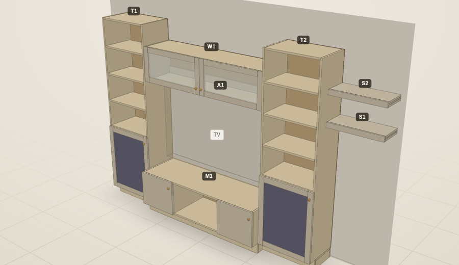3D view of a 12-foot media wall: two shelf towers, a console below an open TV opening, a frosted-glass bridge cabinet above it, and floating shelves