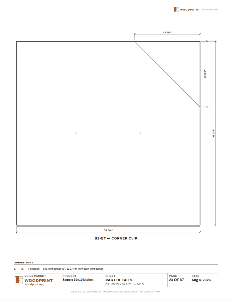 A printed part-detail sheet with dimensioned flat drawings of drilled and grooved parts
