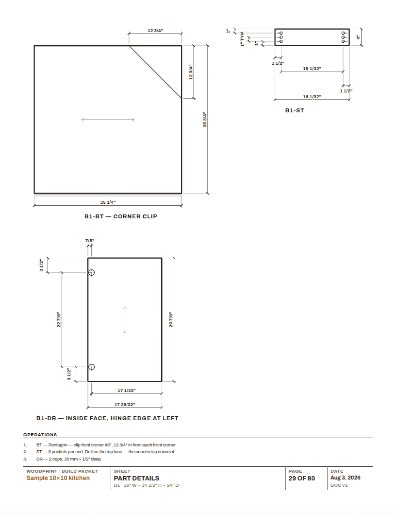A printed part-detail sheet with dimensioned flat drawings of drilled and grooved parts