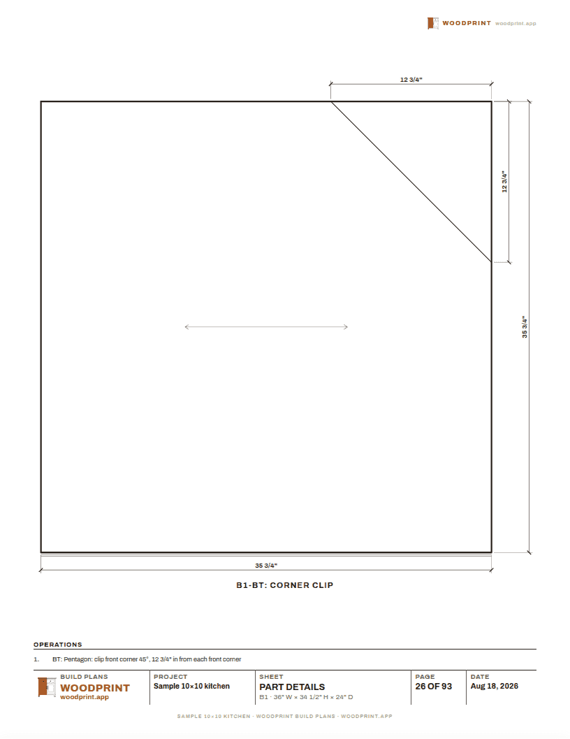 A printed part-detail sheet with dimensioned flat drawings of drilled and grooved parts