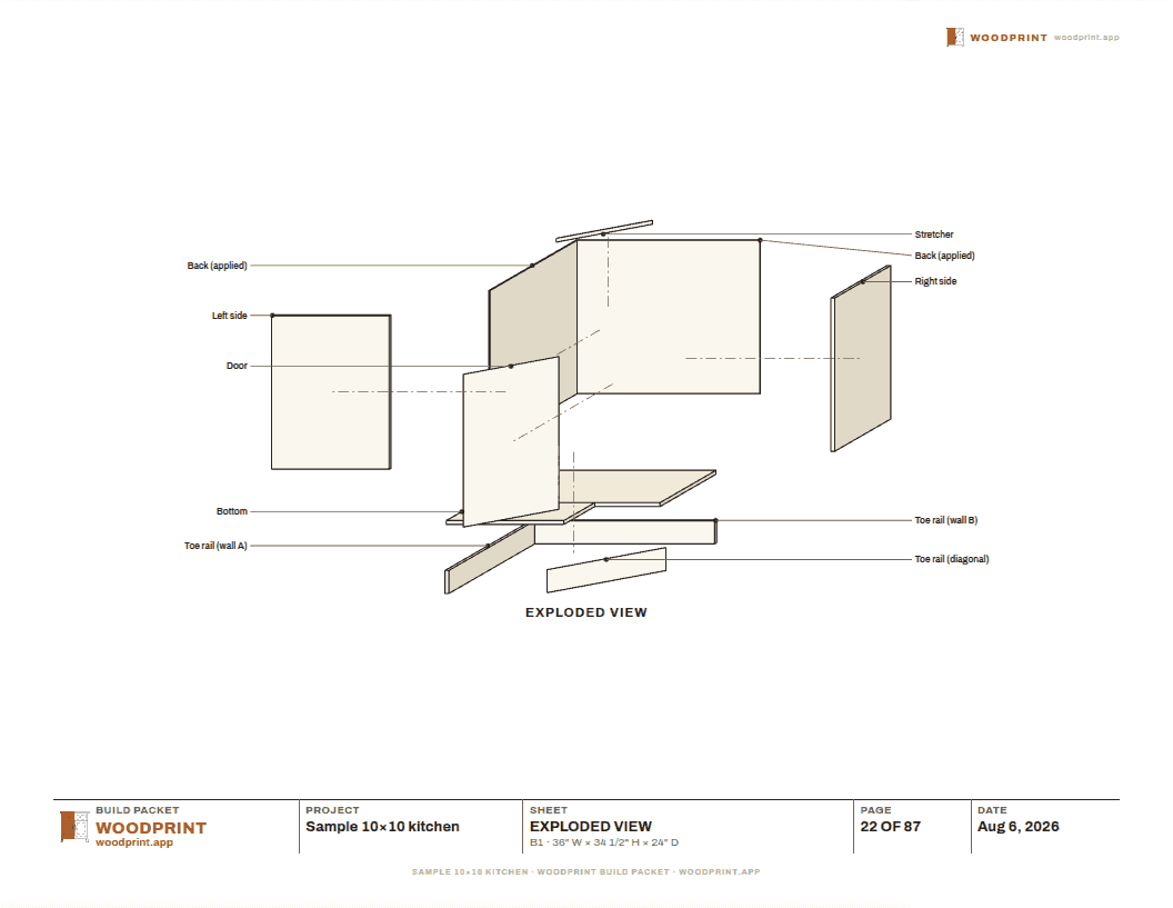 Exploded view of a cabinet with leader lines and the parts schedule