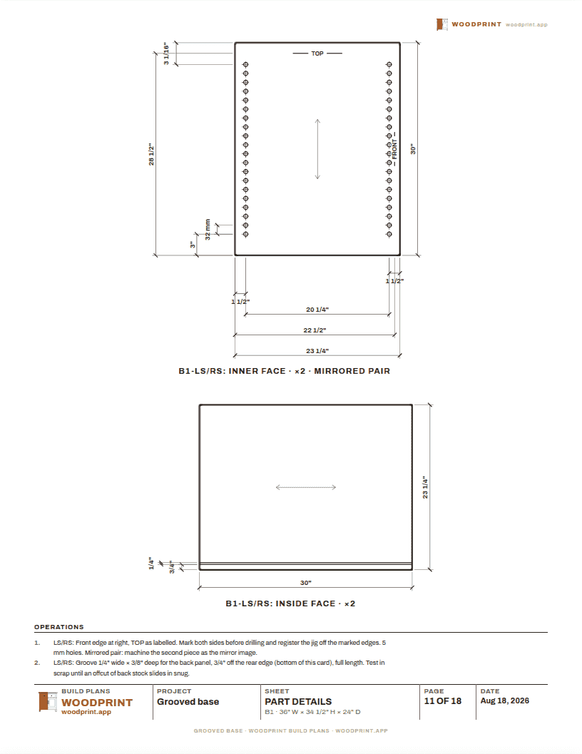 A part-details sheet from the Build plans: the side panels' groove card with the groove drawn and measured off the rear edge, above an operations note giving its width, depth, and offset