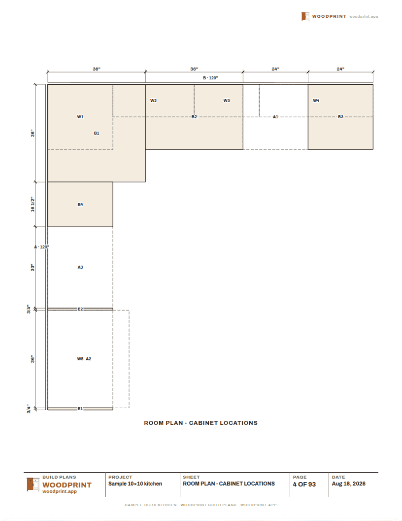 Location drawing: the room plan with every cabinet outlined and labeled by code
