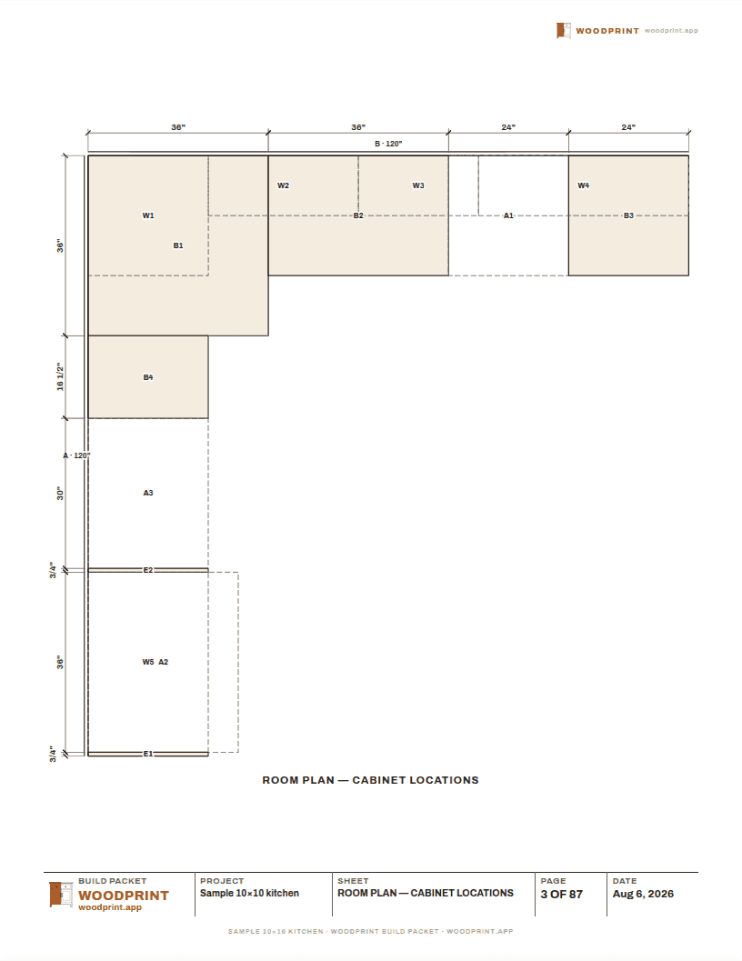 Location drawing: the room plan with every cabinet outlined and labeled by code