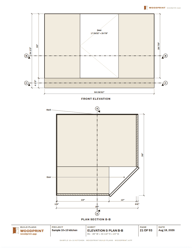Cabinet sheet: front elevation and plan section with dimension chains