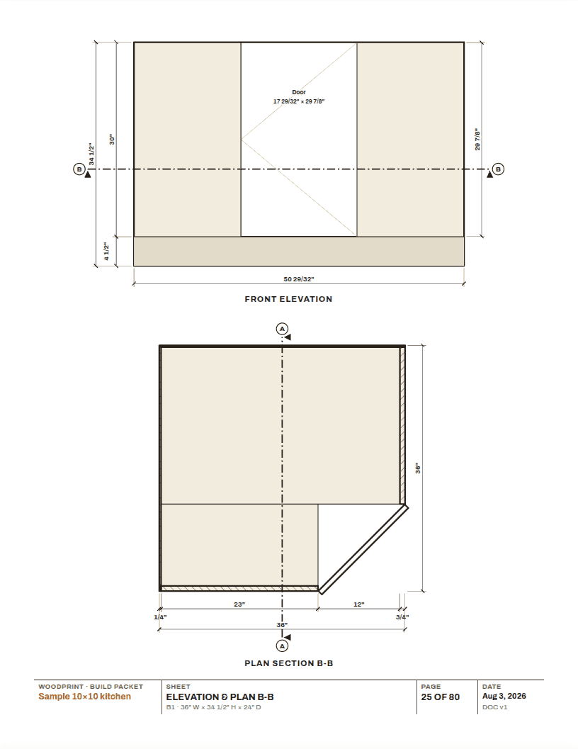 Cabinet sheet: front elevation and plan section with dimension chains