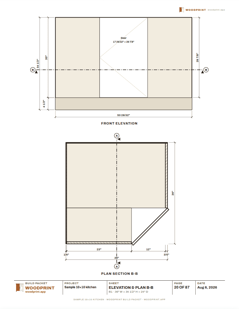 Cabinet sheet: front elevation and plan section with dimension chains
