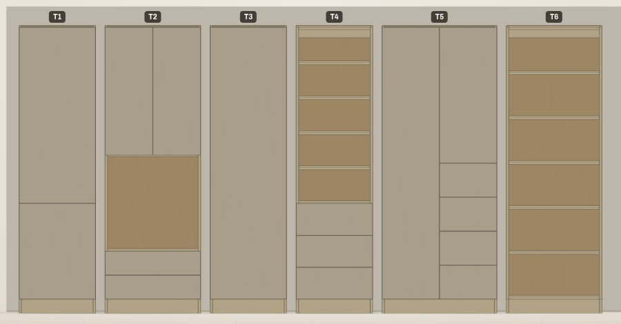 Six tall cabinets in a row, each split differently inside: a pantry with upper and lower doors; an oven tower with doors over an open appliance bay and two drawers below; a broom closet behind one full-height door; open shelves over three drawers; a cabinet divided down the middle, a full-height door beside a door over four drawers; and open shelving top to bottom